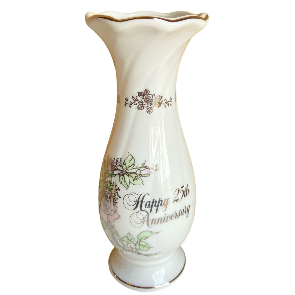 Enesco Japan 1983 Happy 25th Anniversary floral vase with silvertone accents VTG